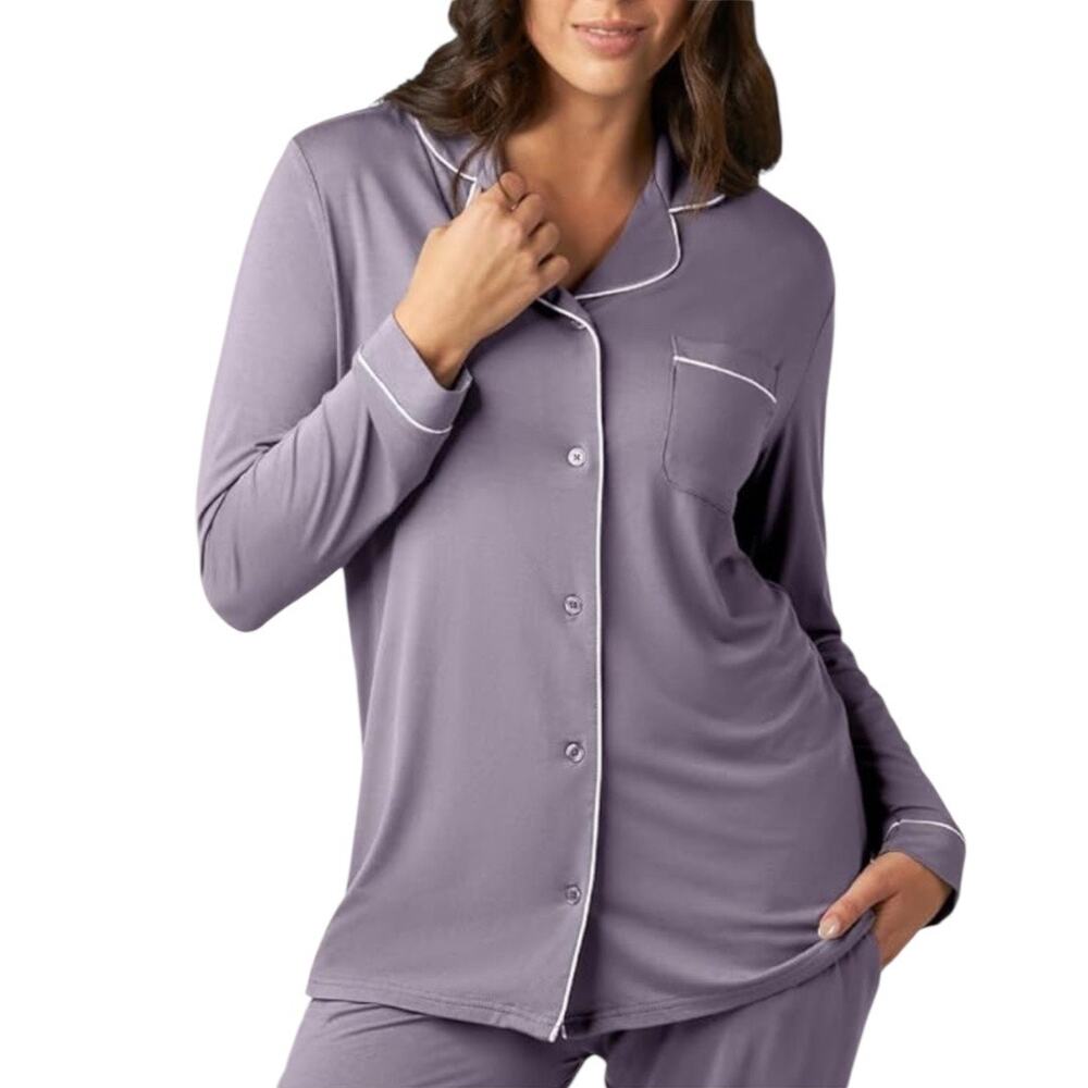 Kindred Bravely Clea Long Sleeve Button Down Pajama Top Granite Large Bamboo